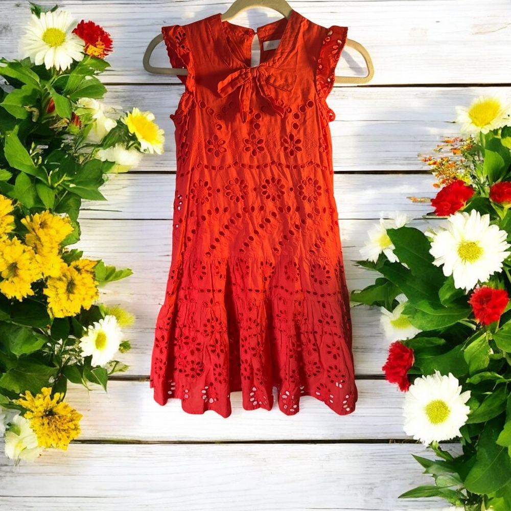 Zara Charming Red Eyelet Kids Dress, size 9 100% cotton double layered
